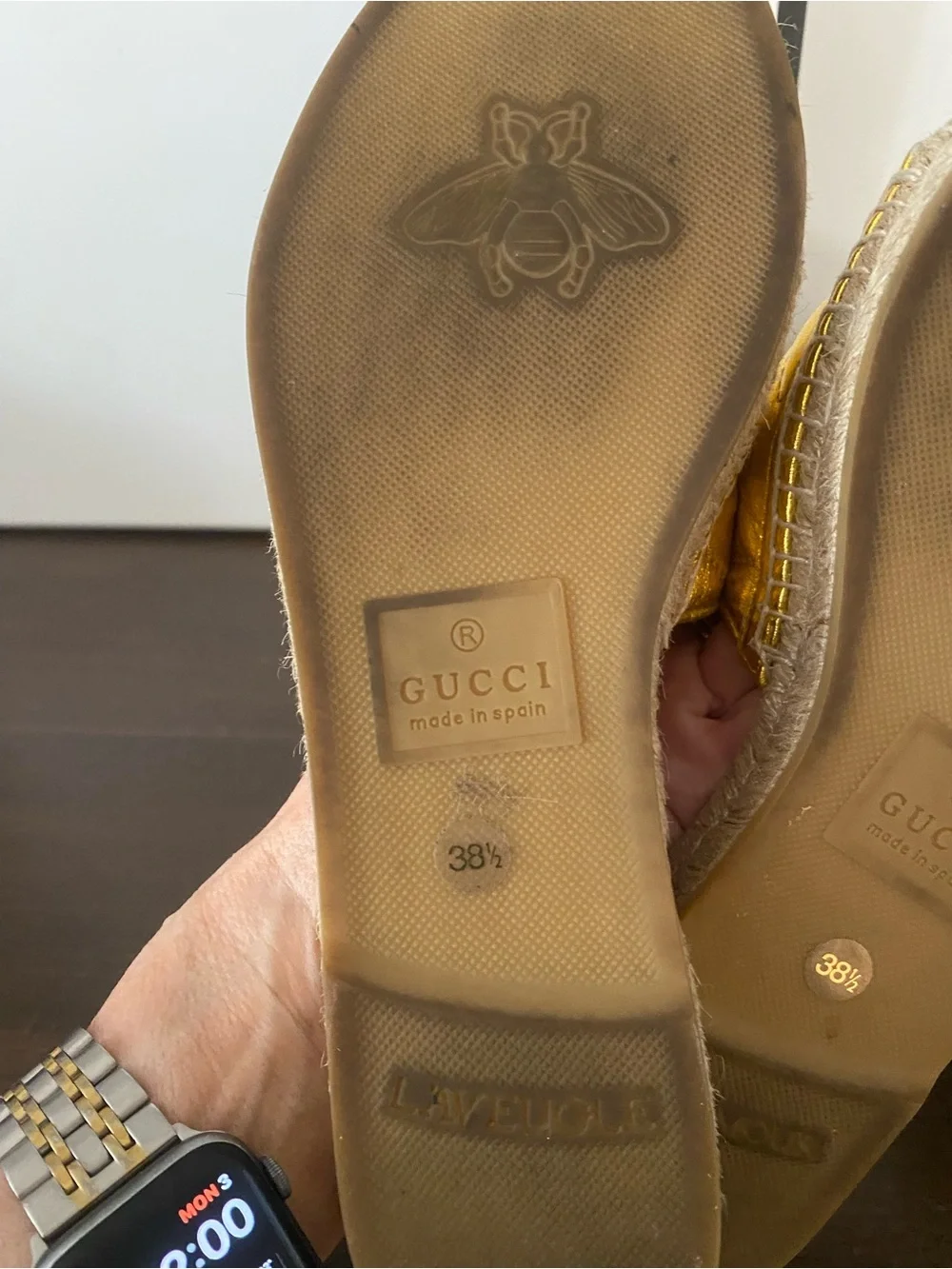 Gucci Metallic Gold Quilted GG Espadrille Slide Mules